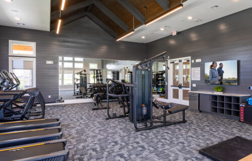 Athletic club with cardio and strength training exercise equipment.